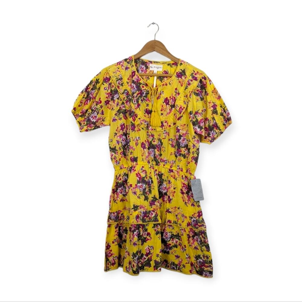 NWT Maisie Yellow Puff Sleeve Tie Neck Floral Mini Cotton Dress Size L